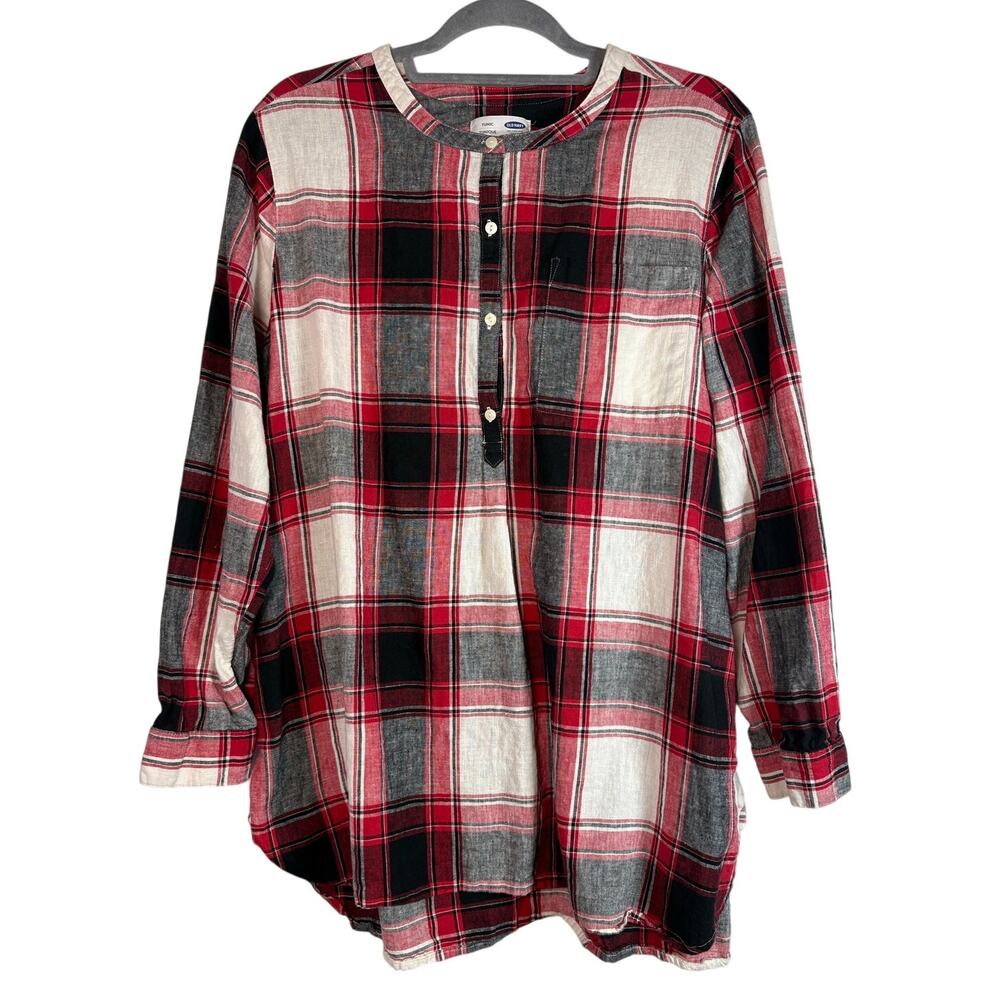 Old Navy Linen Blend Plaid Henley Tunic Top Red Black White Buffalo Check XL